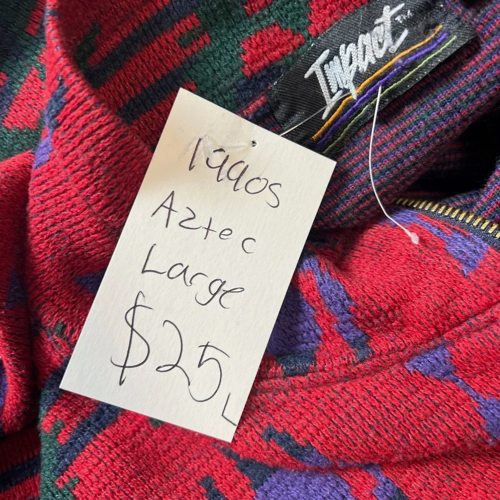 Impact Quarter Zip Sweater Mens Large Red Geometric Southwestern Vintage 90s